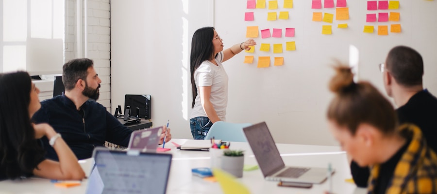 Startup founders collaborating on strategy at a whiteboard during a planning session