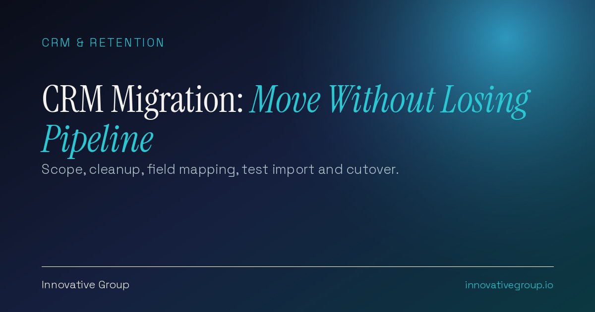 CRM migration checklist concept showing records moving from an old CRM to a new one through cleanup, field mapping and a test import