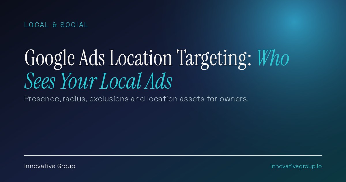 Google Ads location targeting concept showing a radius drawn around a local shop on a map with search ads and location pins