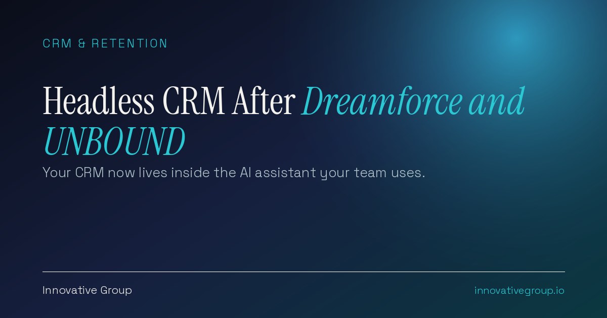Headless CRM diagram showing Salesforce and HubSpot customer data reaching sellers through AI assistants such as Claude, Slack and ChatGPT after Dreamforce 2026