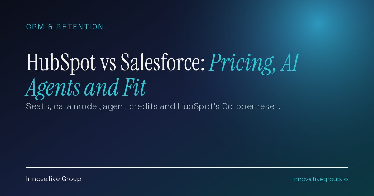 HubSpot vs Salesforce comparison concept showing two CRM platforms side by side with pricing tiers, data model and AI agent credits