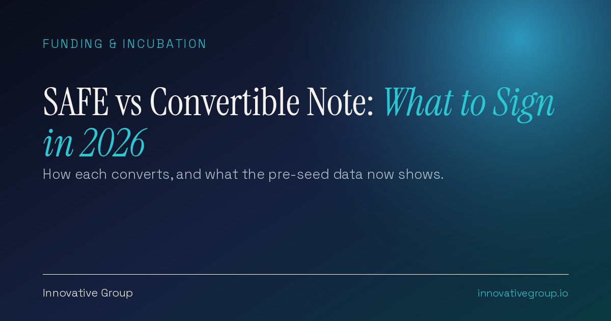 SAFE vs convertible note comparison for pre-seed founders, showing a post-money SAFE converting on a valuation cap and a convertible note accruing interest to a maturity date