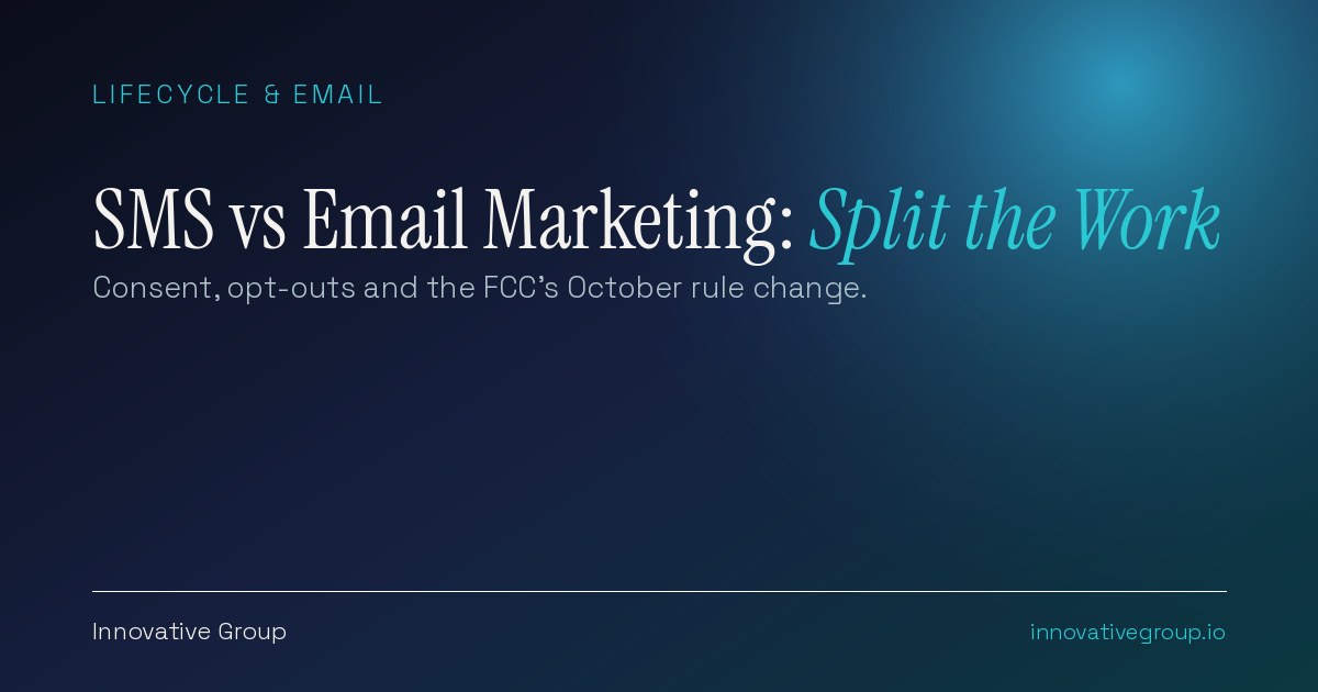 SMS vs email marketing concept showing a phone text thread and an email inbox sharing one consent record and one send calendar