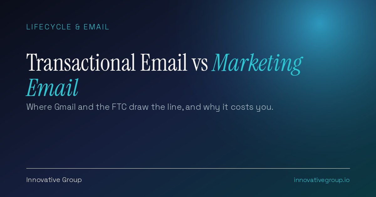 Transactional email vs marketing email comparison showing receipts and password resets separated from newsletters and promotions by sending address