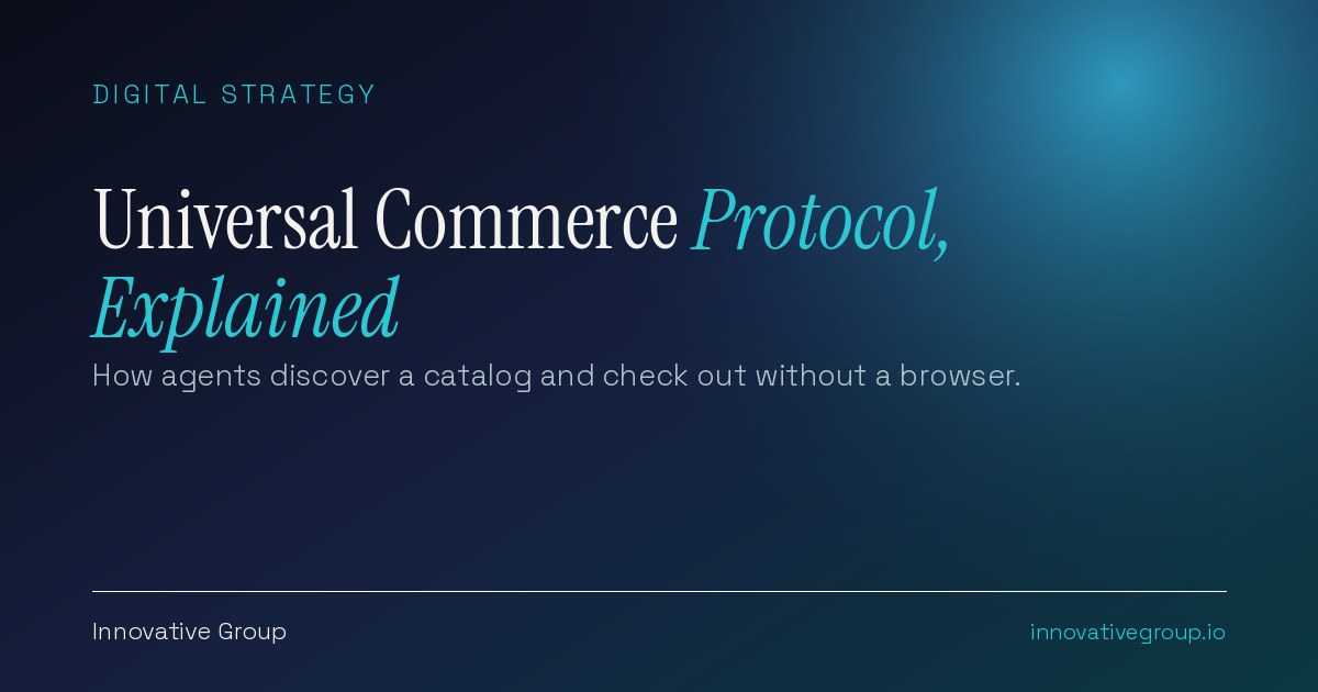 Universal Commerce Protocol diagram showing an AI agent discovering a merchant capability manifest and completing checkout through UCP