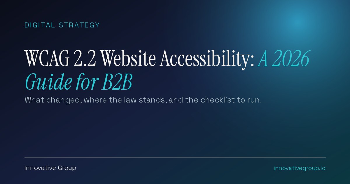 WCAG 2.2 website accessibility checklist for a B2B site, showing contrast, alt text, form labels, focus visibility and 24 pixel target size checks