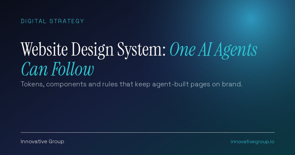 Website design system concept showing design tokens, components and written rules feeding an AI agent that builds on-brand B2B web pages