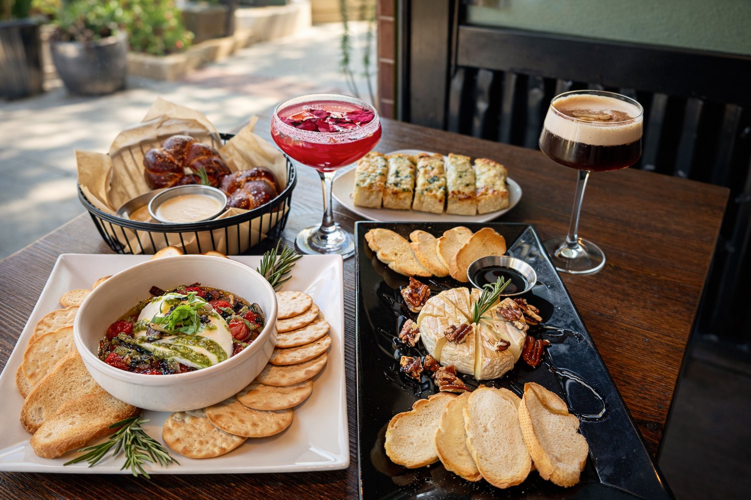 Editorial restaurant spread with pasta, charcuterie, and wine