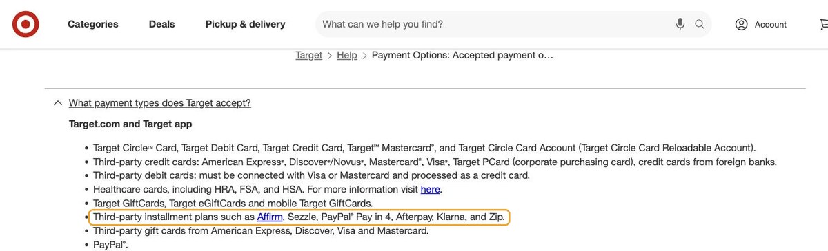 Target's help page listing Zip among installment plans