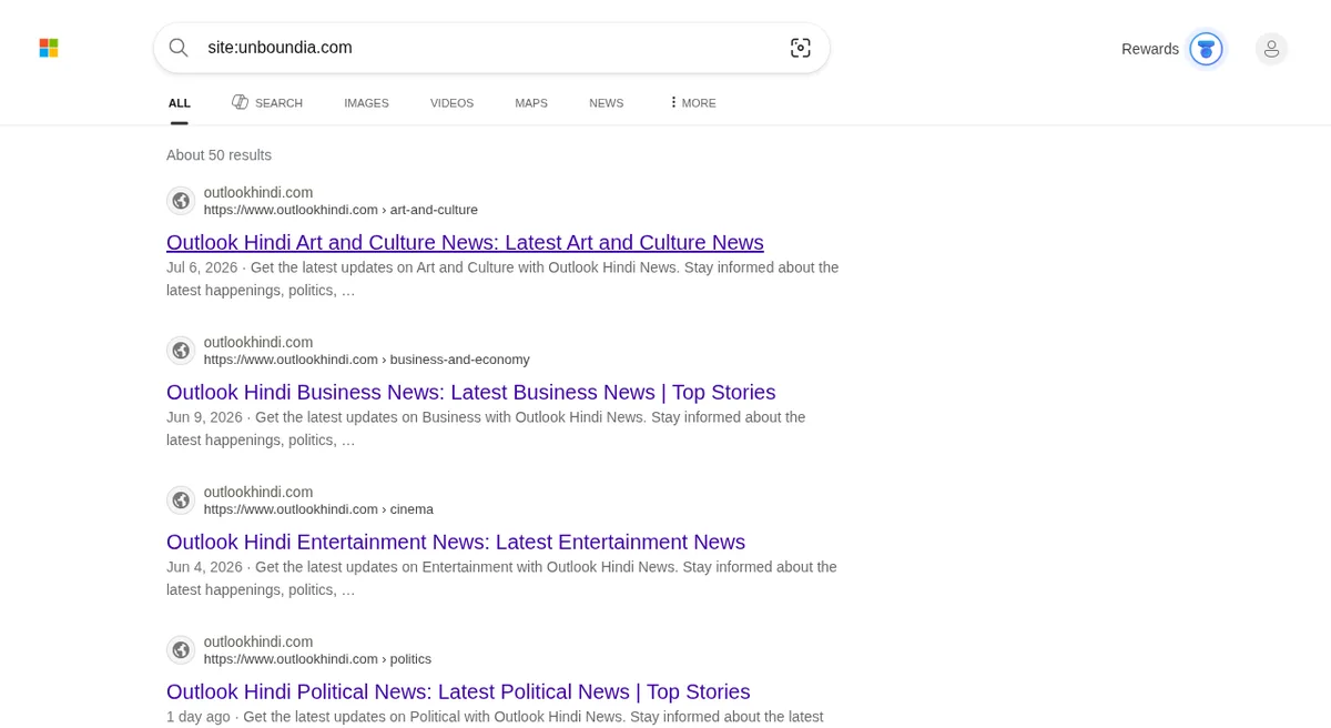 Bing returns unrelated results for site:unboundia.com