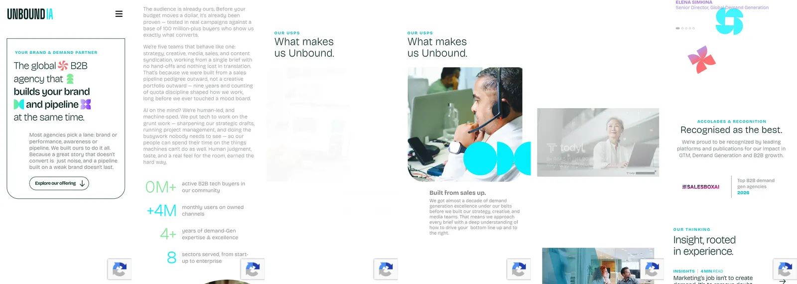 Six mobile viewport captures of the homepage showing counters stuck at zero and repeated USP panels