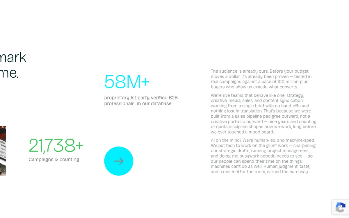 Homepage stats section mid-animation showing 58M+ and 21,738+