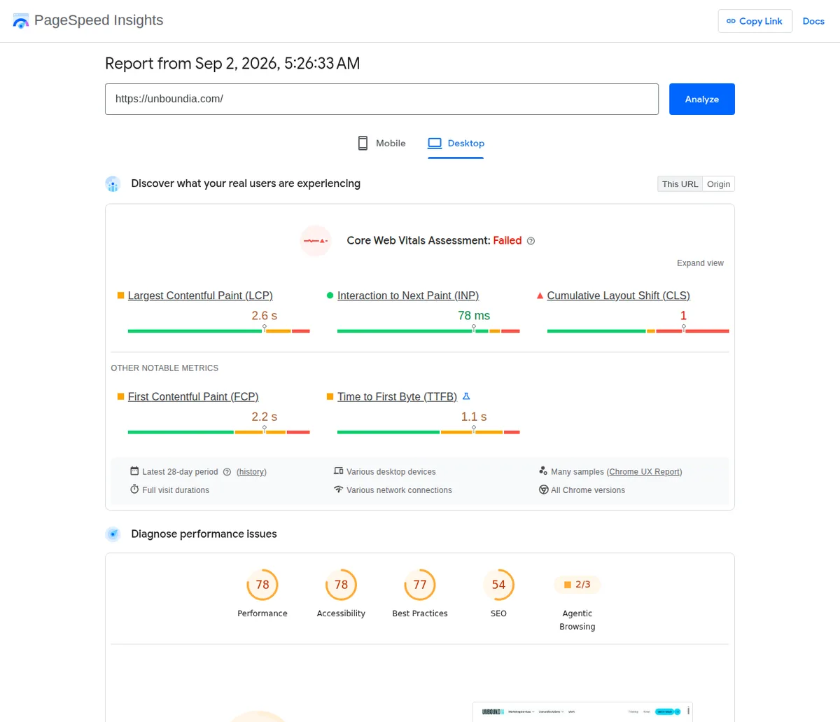 PageSpeed Insights desktop report