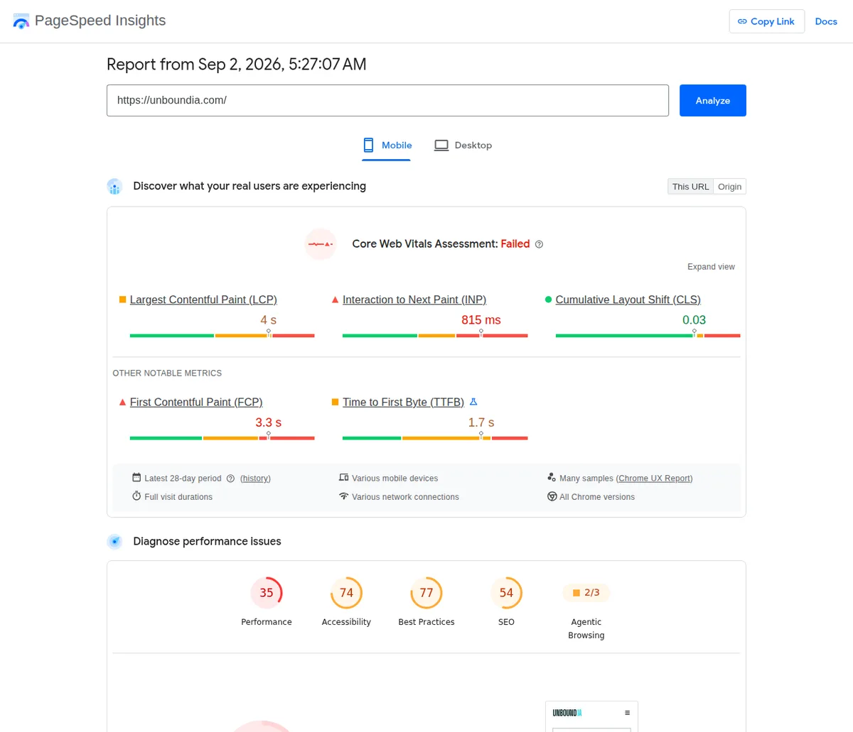 PageSpeed Insights mobile report showing Core Web Vitals assessment failed