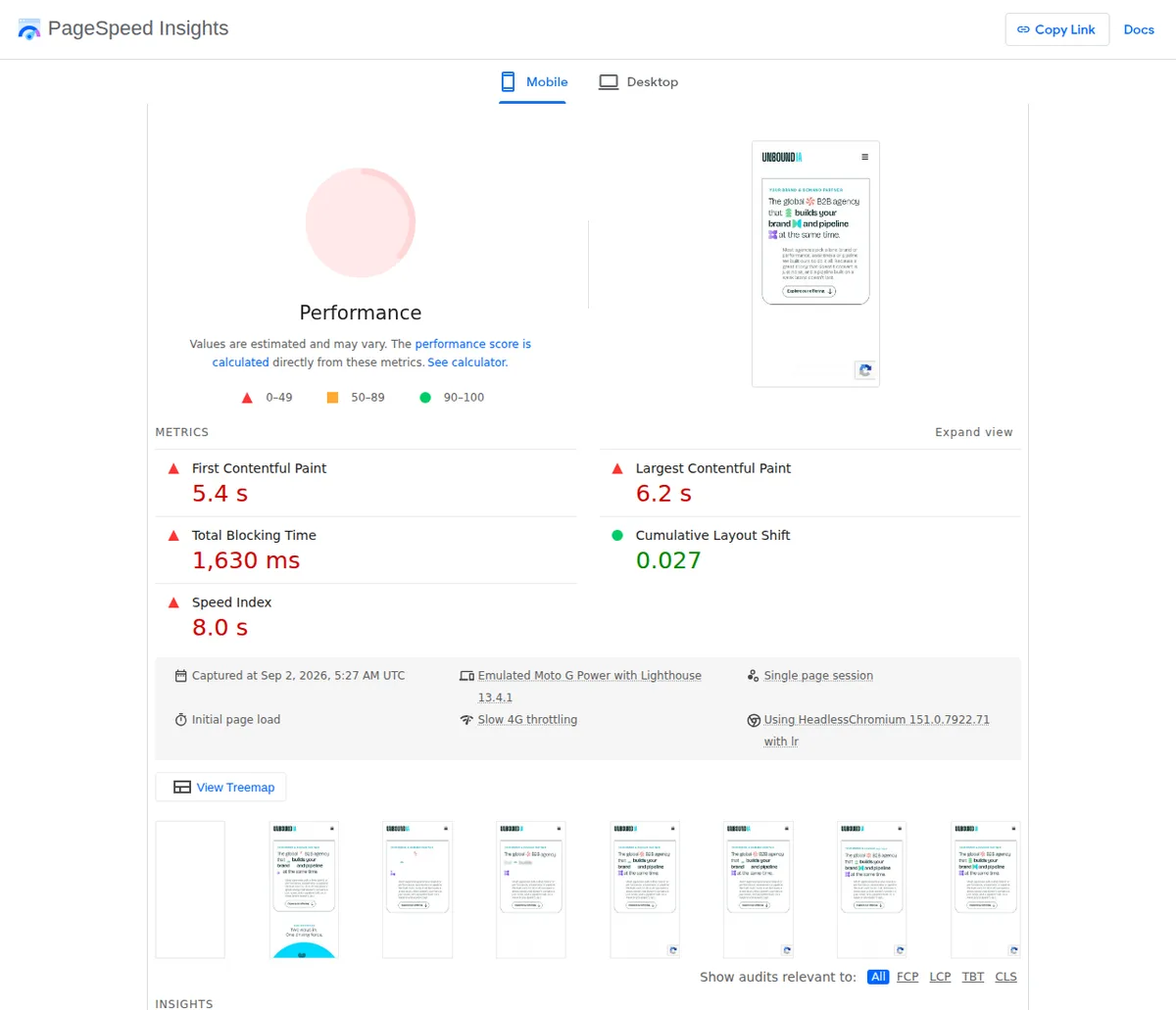 PageSpeed Insights mobile lab diagnostics
